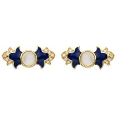Sabine Getty Blue Enamel Moonstone Diamond Gold Foglia Blu Earrings