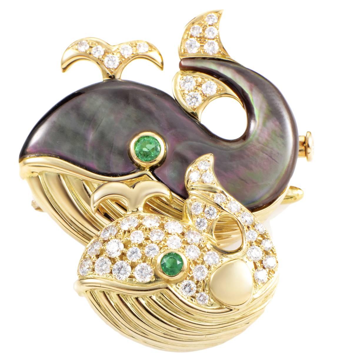 Broche baleine en or et pierres précieuses Waltham