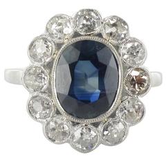 1930s French Romantic Sapphire Diamond Platinum Ring 1930s French Romantic Sapphire Diamond Platinum Ring