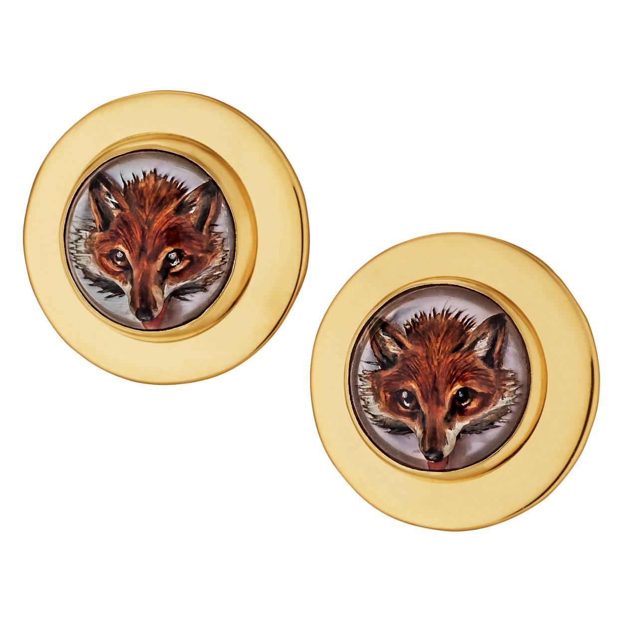 Rock Crystal Gold Painted Fox Head Clip Earrings