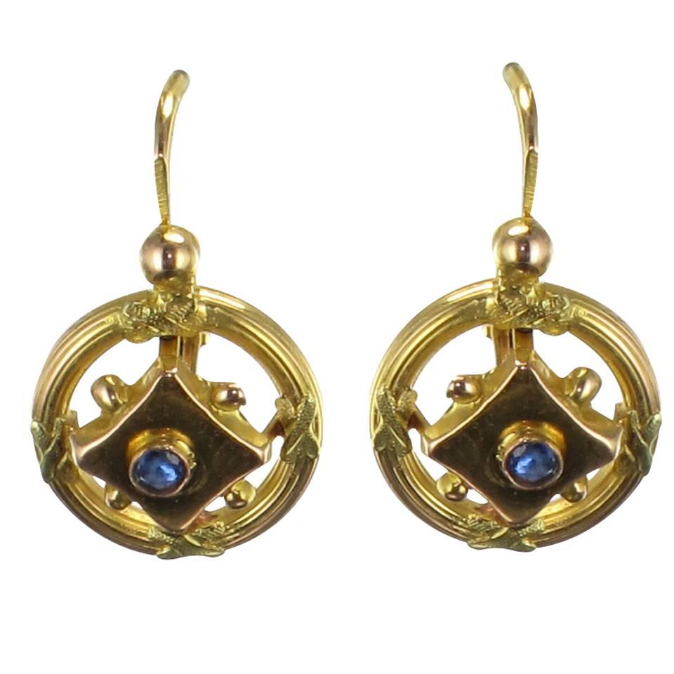 19th Century French Antique Sapphire Gold Sleeper Earrings
