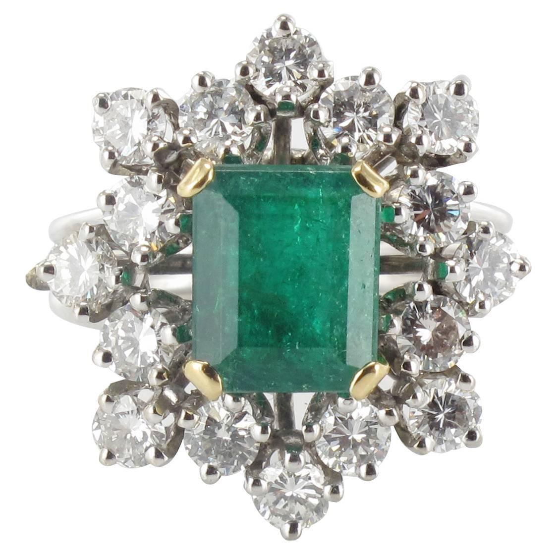 1960s French Emerald Diamond Gold Ring 