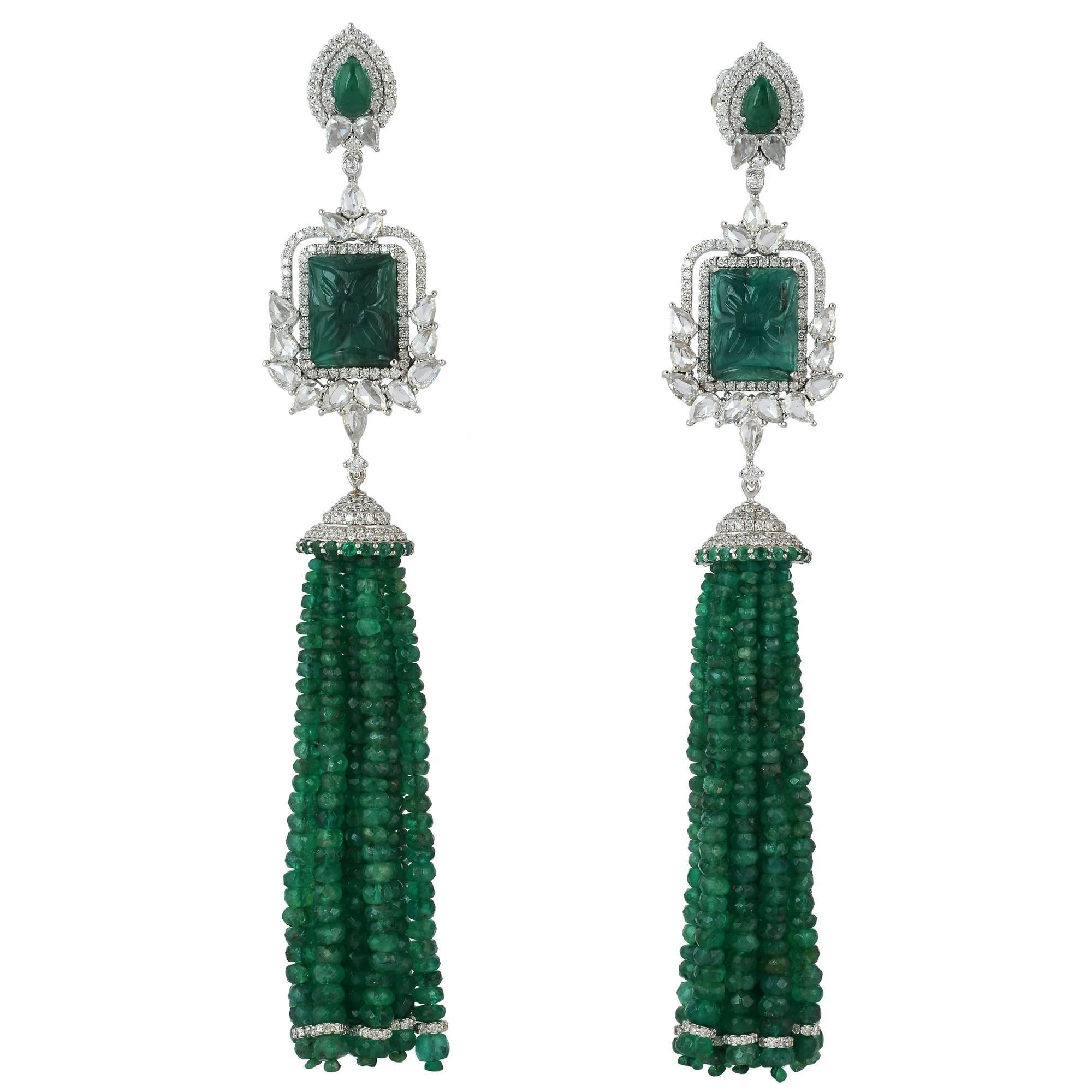 Emerald Diamond Gold Tassel Earrings