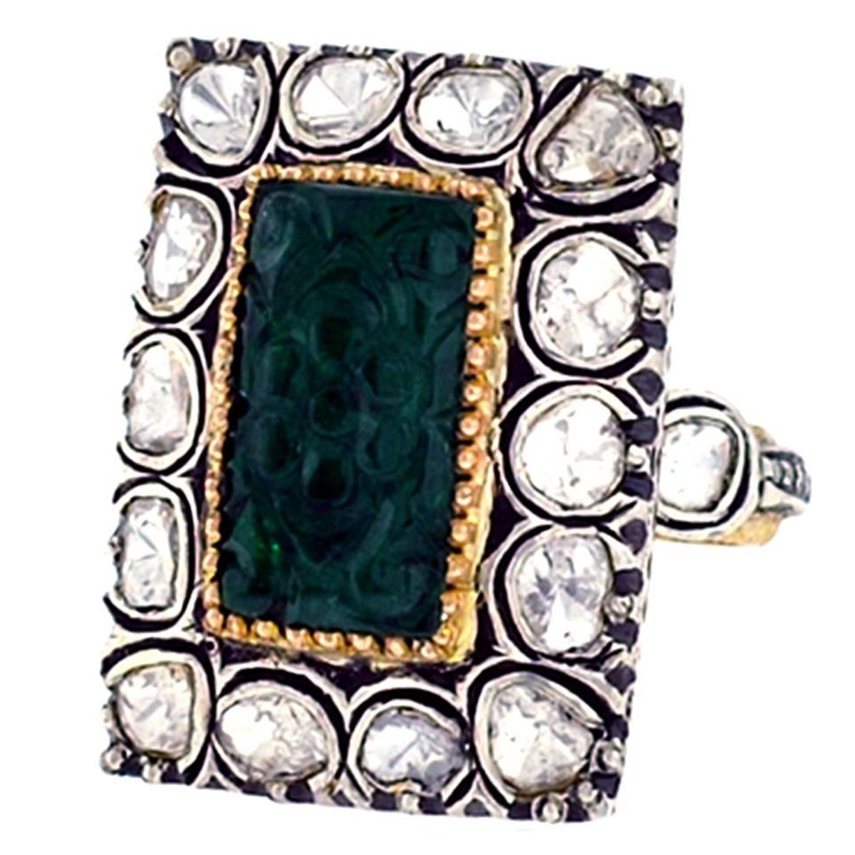 Carved Center Emerald Ring Surrounded By Diamonds Made In 14k Gold & Silver For Sale