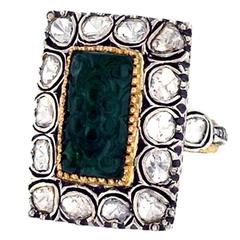 Carved Emerald Diamond Silver Gold Ring 3
