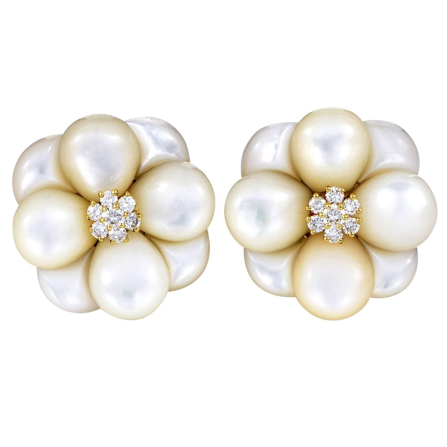 Van Cleef & Arpels Mother-of-Pearl Diamond Gold Flower Earrings