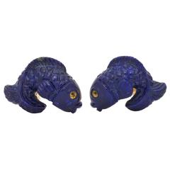 Michael Kanners Carved Lapis and Gold Fish Cufflinks 9