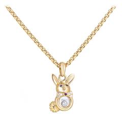 Vintage Chopard Happy Diamonds Precious Gemstone Gold Bunny Rabbit Pendant Necklace