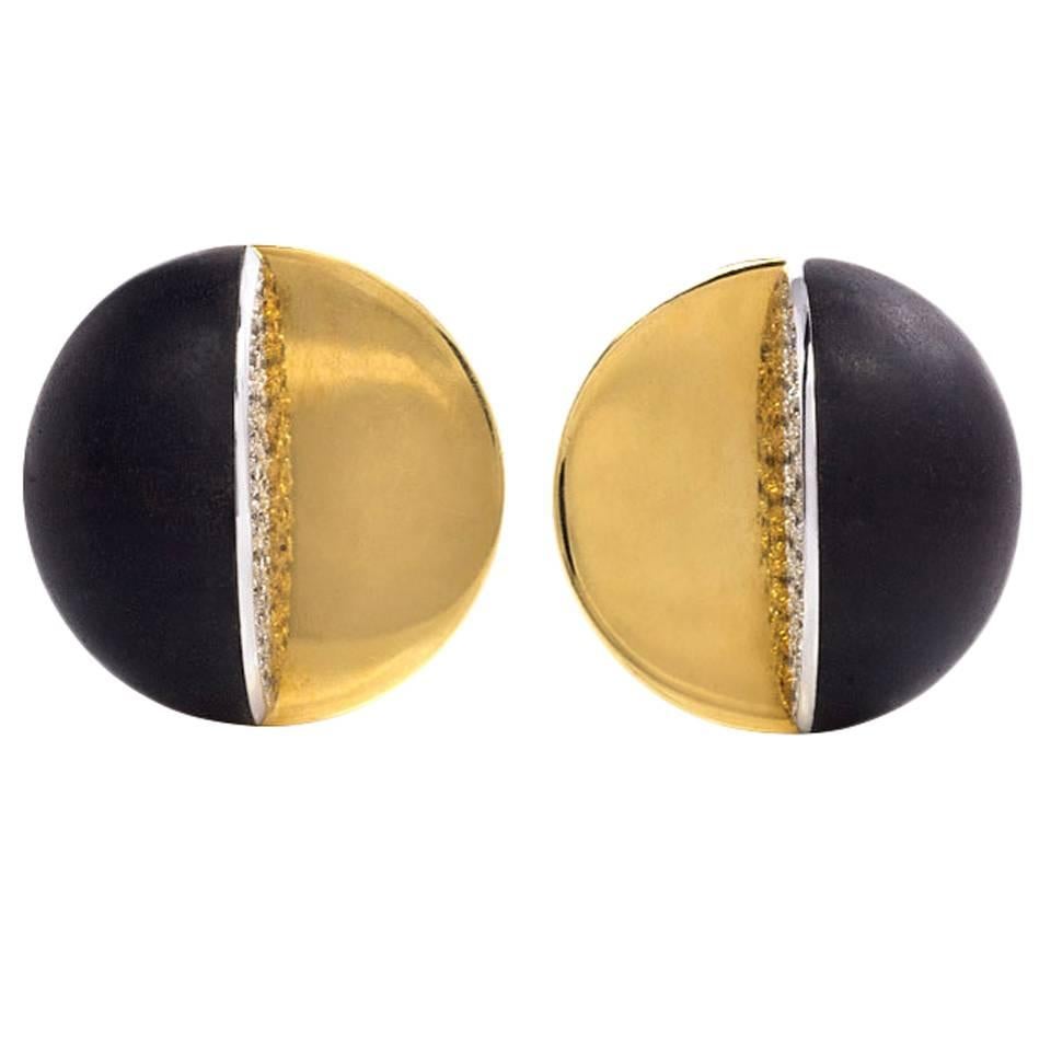 1960s Ebony Diamond Gold Geometric Clip Earrings