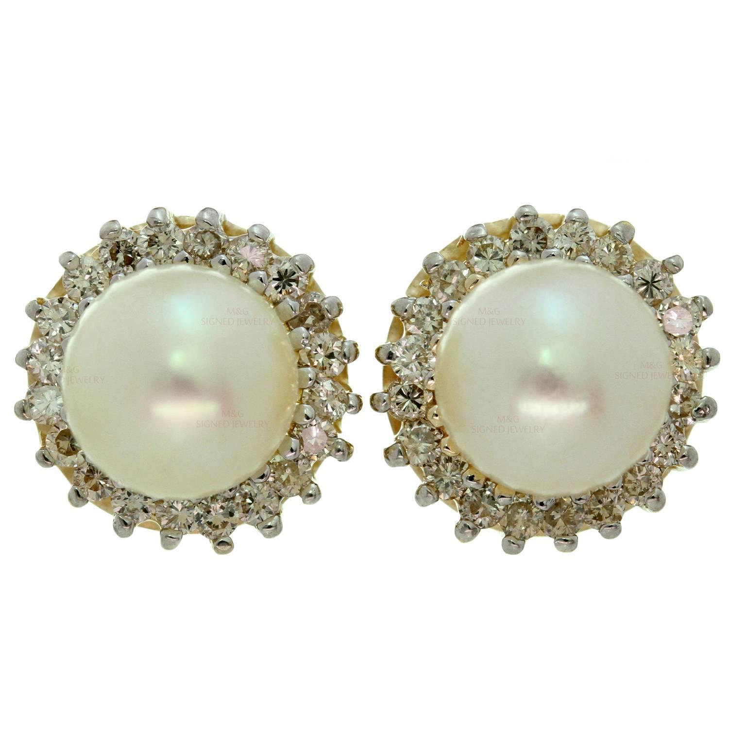 Pearl Diamond Gold Stud Earrings at 1stDibs