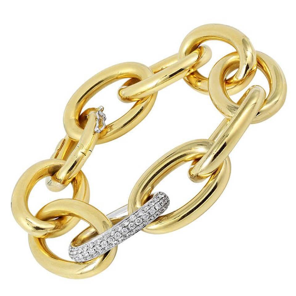 diamond pave Two Color Gold Link Bracelet For Sale
