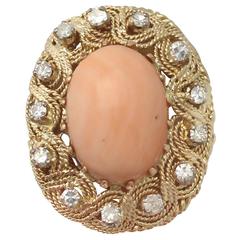 1950s Angel Coral and 0.78 Carat Diamond, 18k Yellow Gold Dress Ring