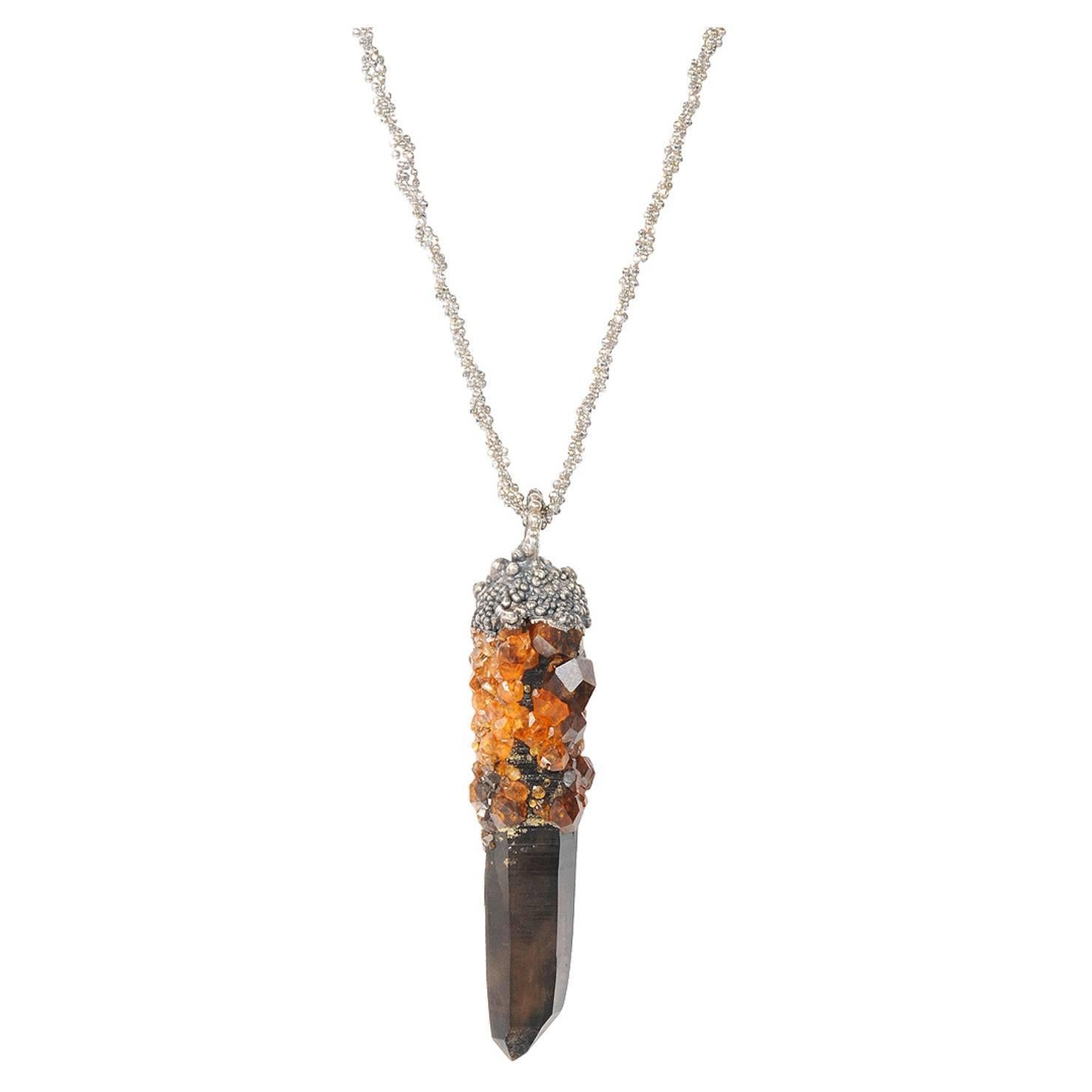 Milena Kovanovic Spessartine Garnet Smokey Quartz Crystal Silver Necklace