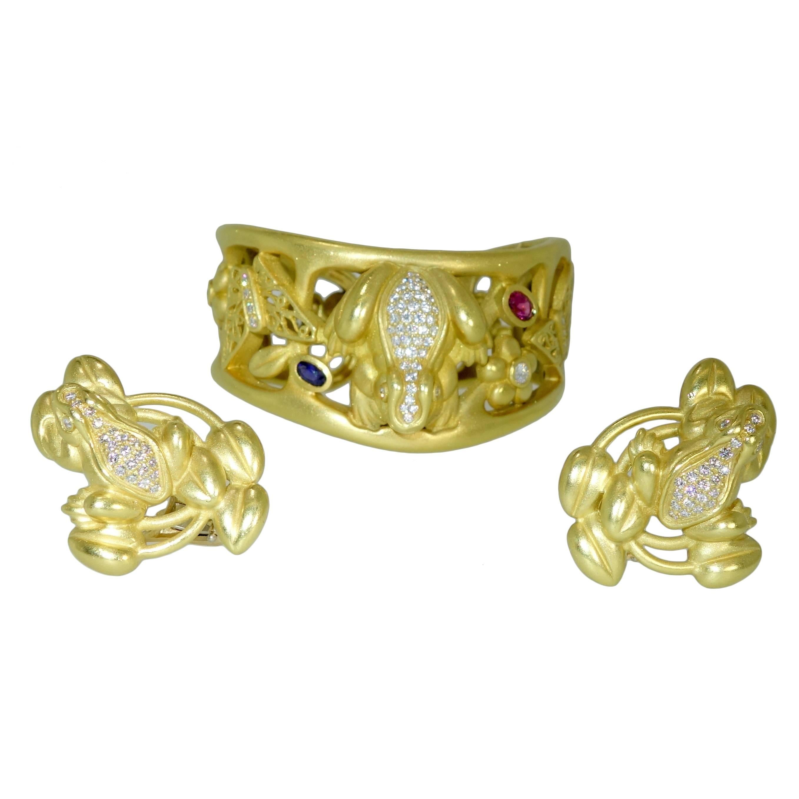 Kieselstein-Cord Unusual Gemstone Diamond Gold Bracelet and Earrings Set