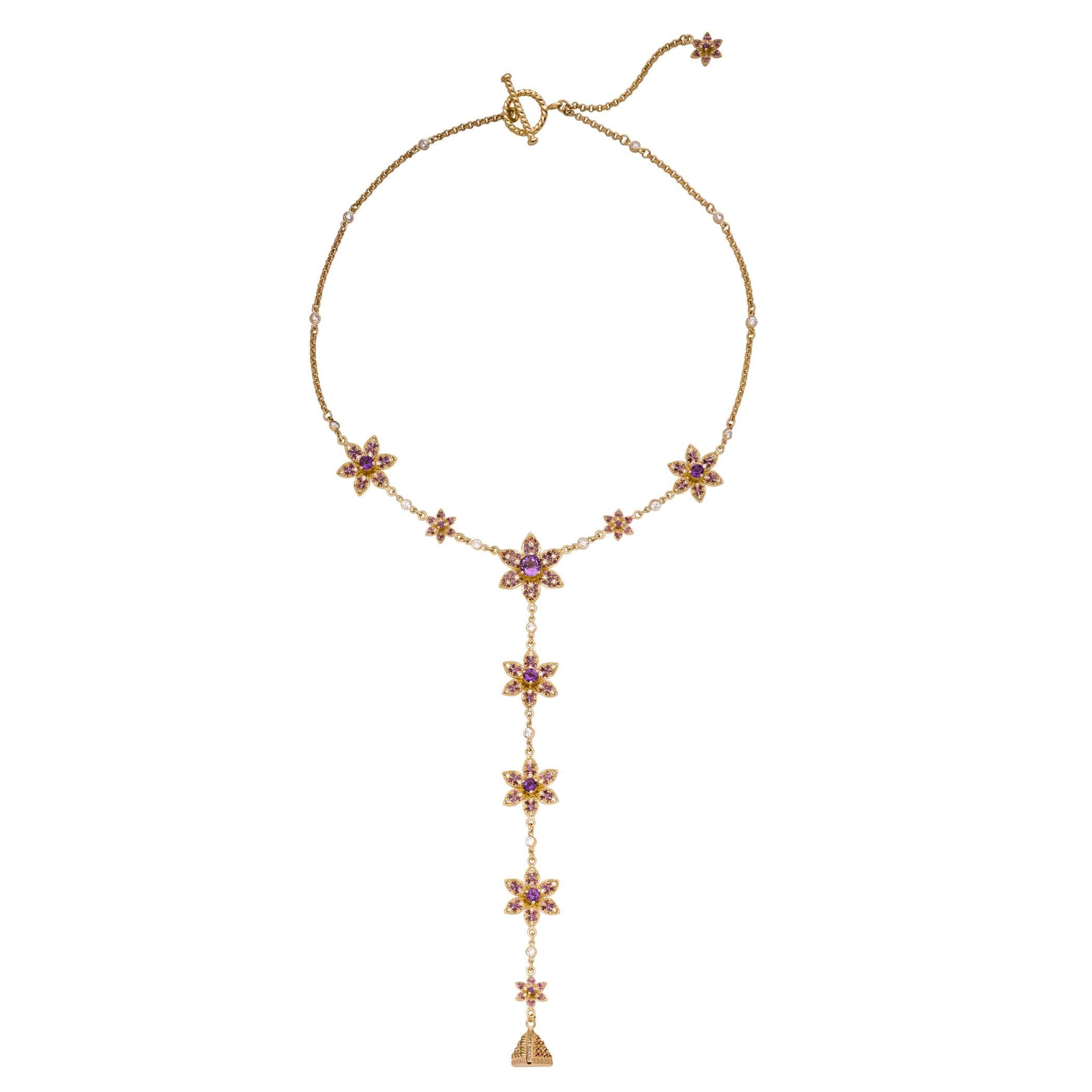 Amethyst Diamond Gold Floweret Lariat Necklace For Sale