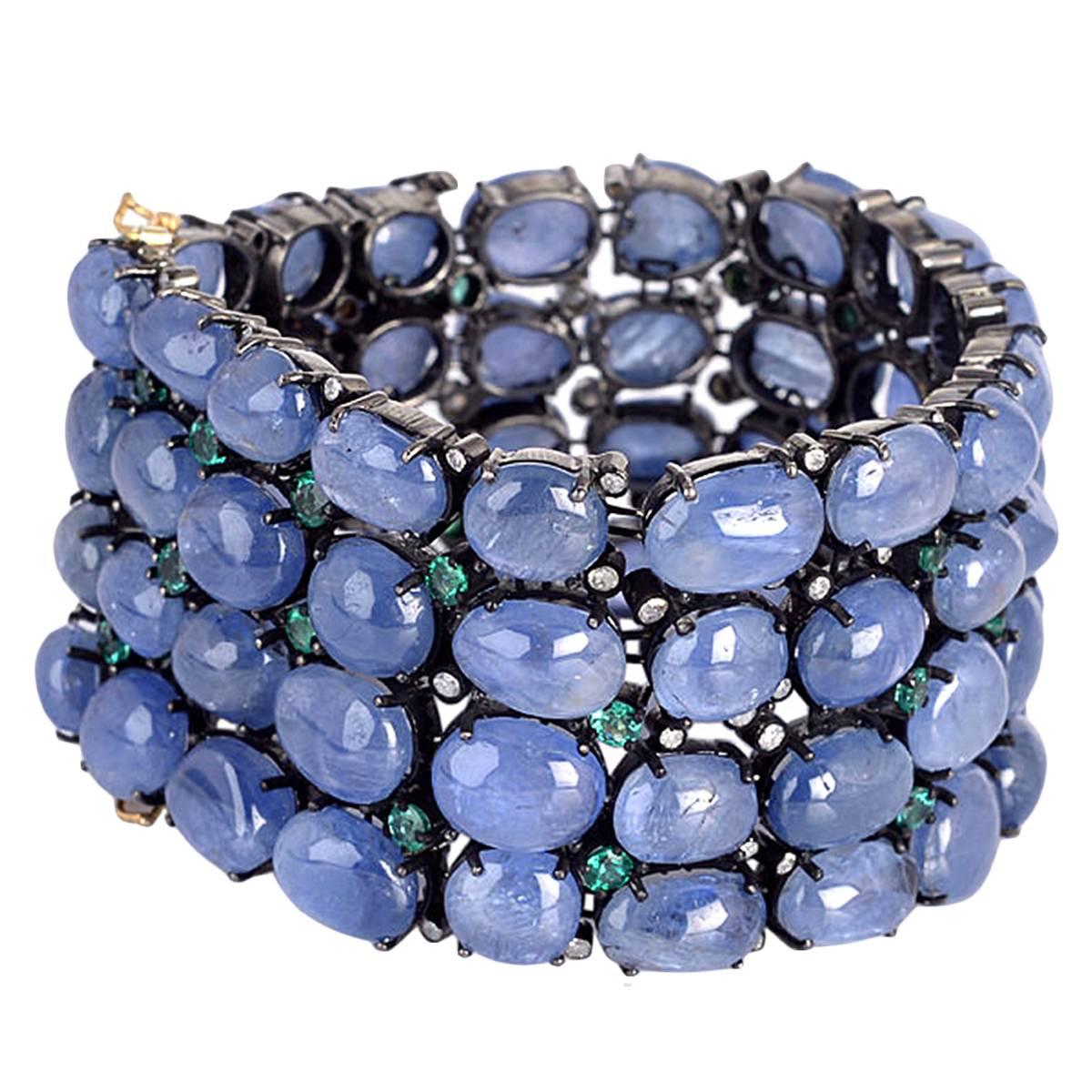 Blue Sapphire Tsavorite Diamond Gold Bracelet