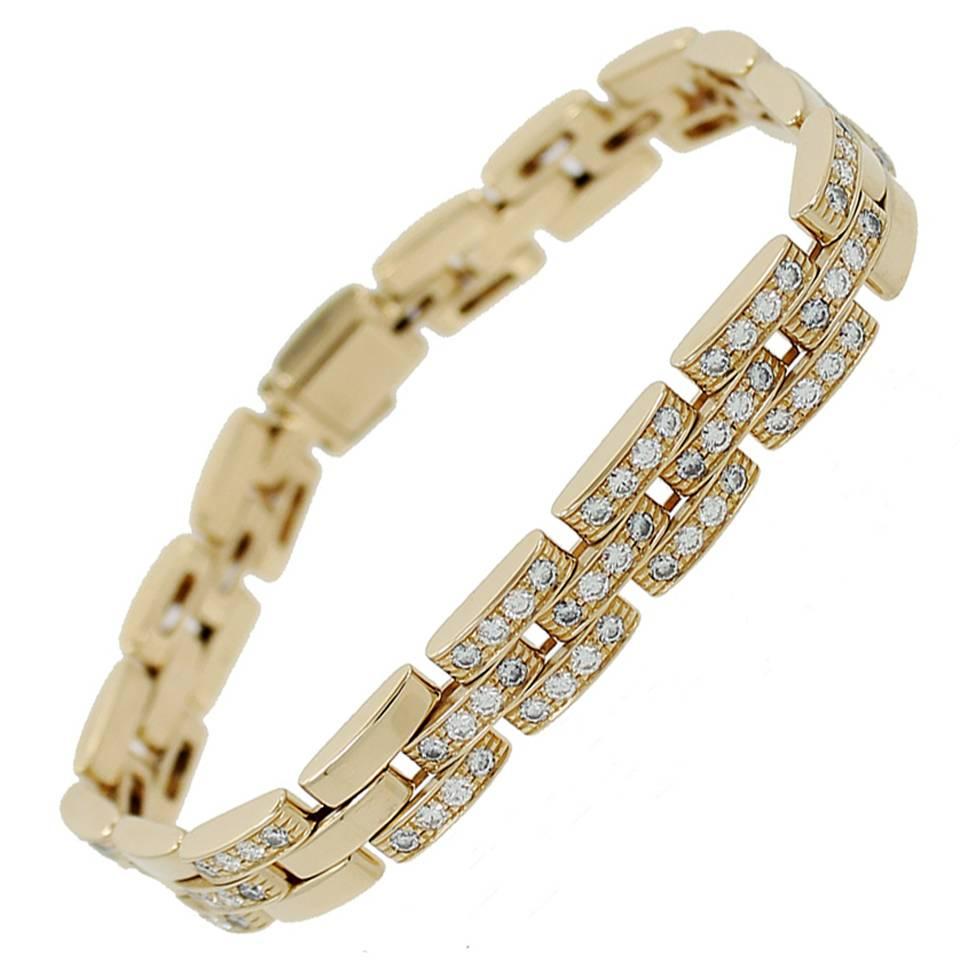 Cartier Maillon Panthere Three Row Diamond Gold Link Bracelet  For Sale
