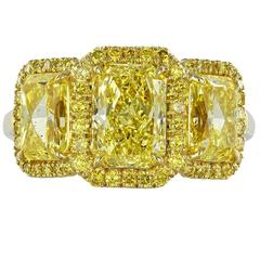 3.53 Carat Radiant Canary Stone Diamonds Gold Three-Stone Engagement Ring