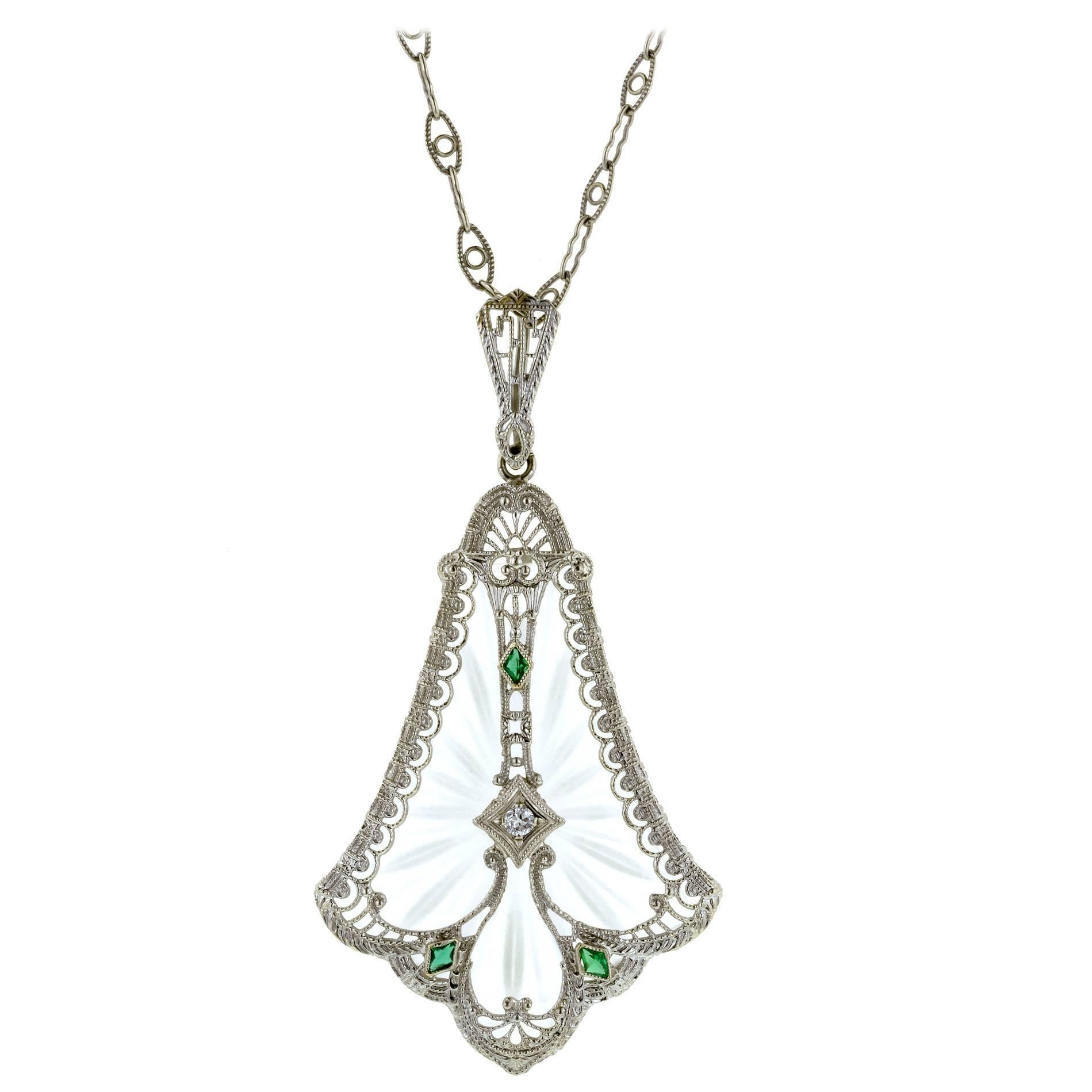 Art Deco Rock Crystal Diamond Pendant with Emerald Accents