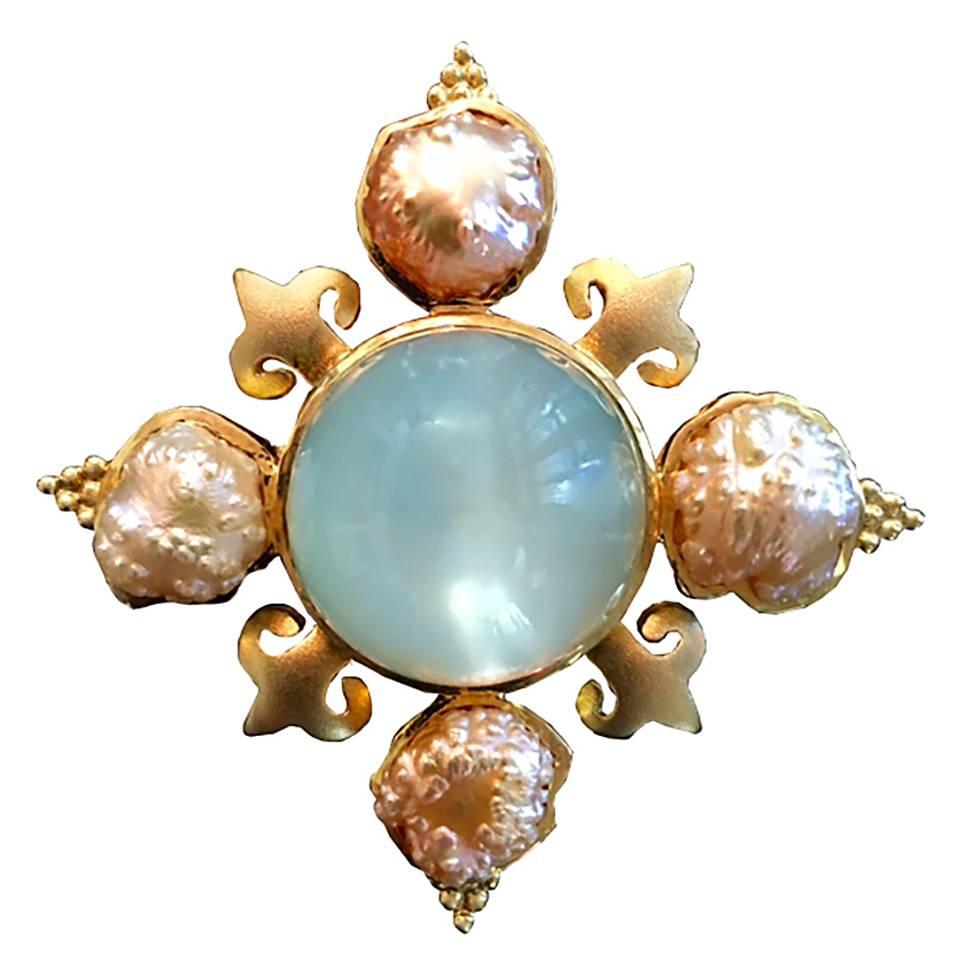 Crevoshay Handmade Moonstone Rosebud Pearl Gold Pendant For Sale