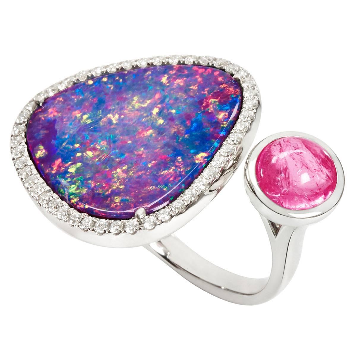 Bushfire Opal, Rubellite and Diamond Duette Ring For Sale