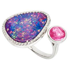 Bushfire Opal, Rubellite and Diamond Duette Ring