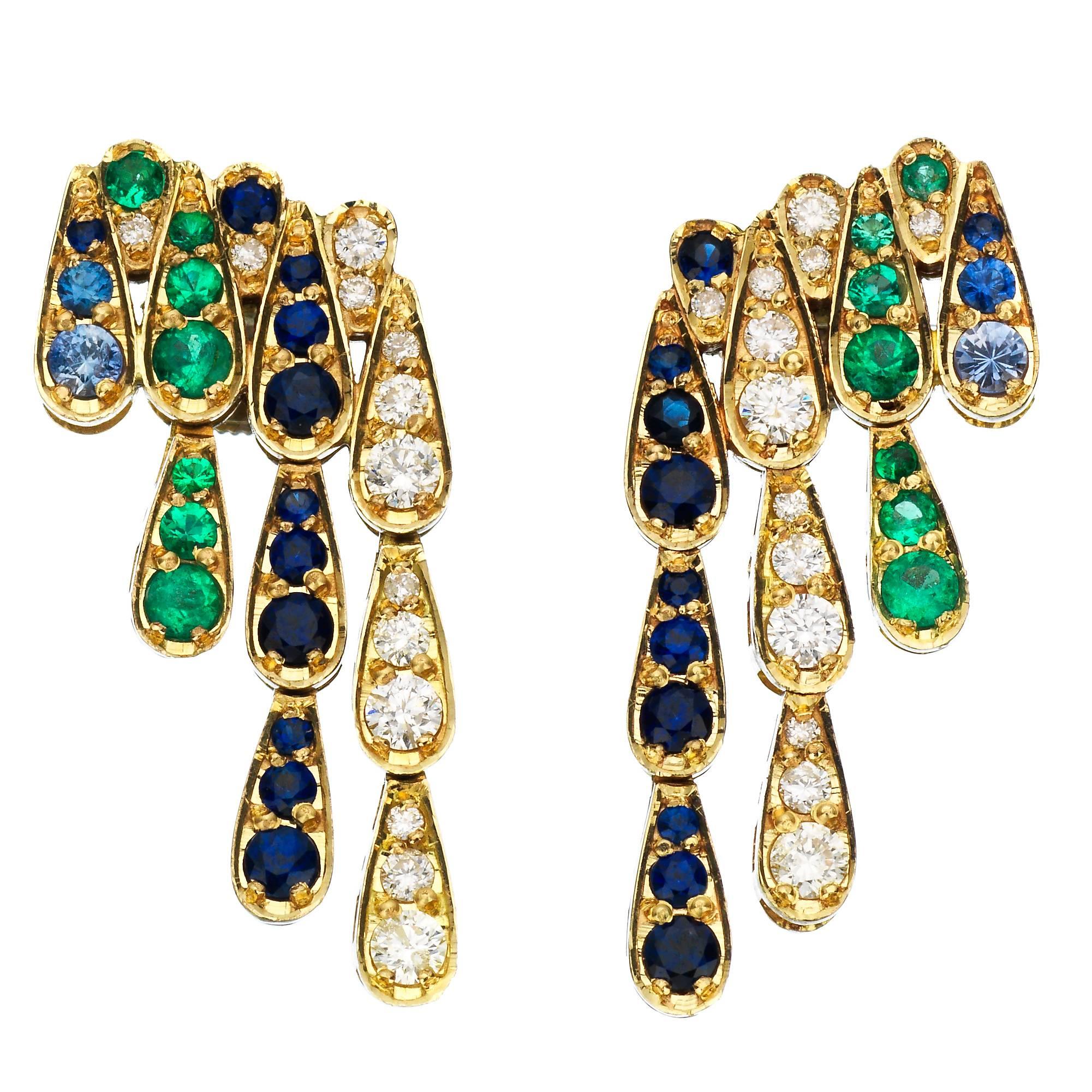 Sabine Getty Emerald Blue Sapphire Diamond Gold Harlequin Earrings For Sale