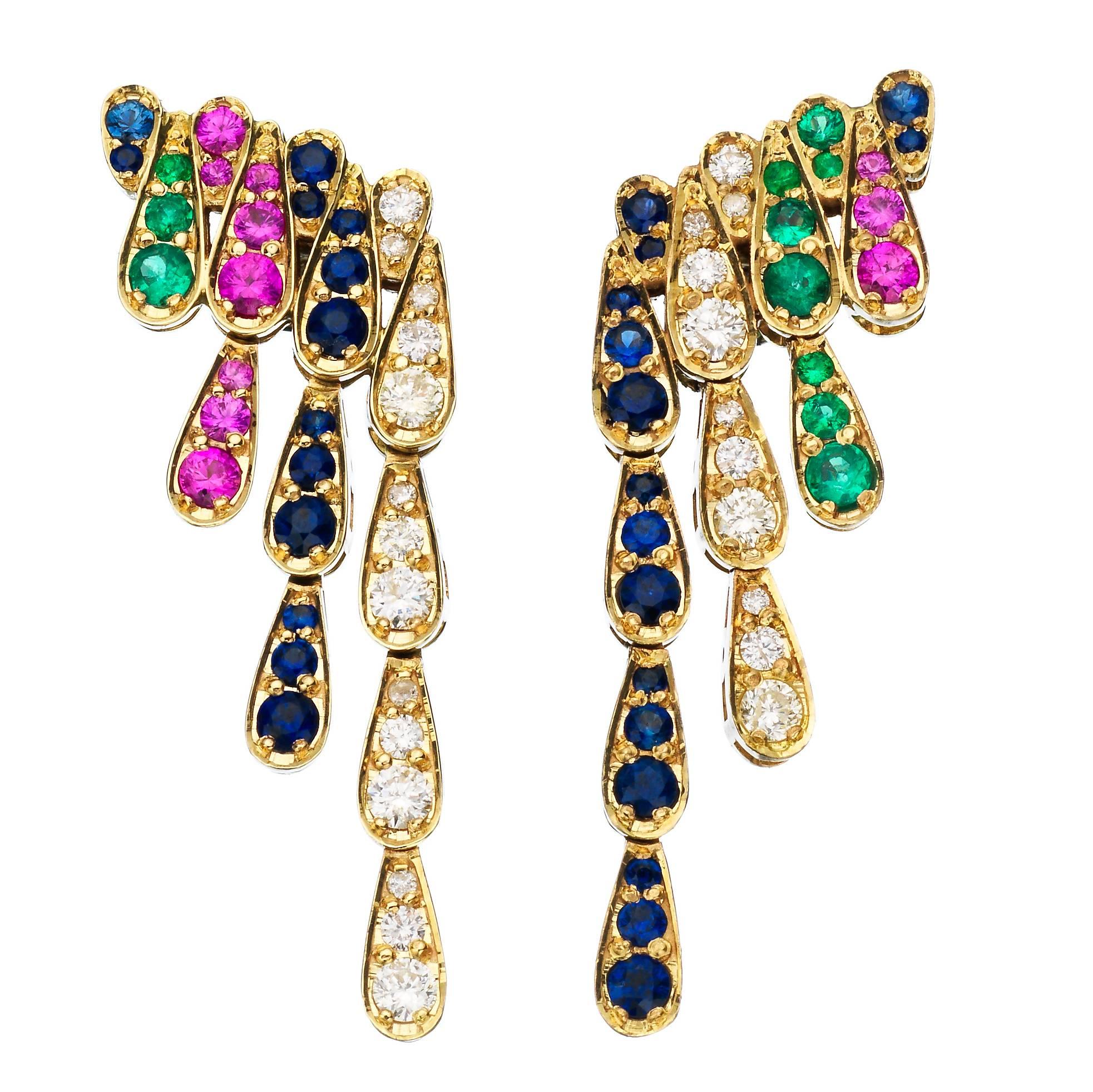 Sabine Getty Emerald Blue and Pink Sapphire Diamond Gold Harlequin Earrings For Sale