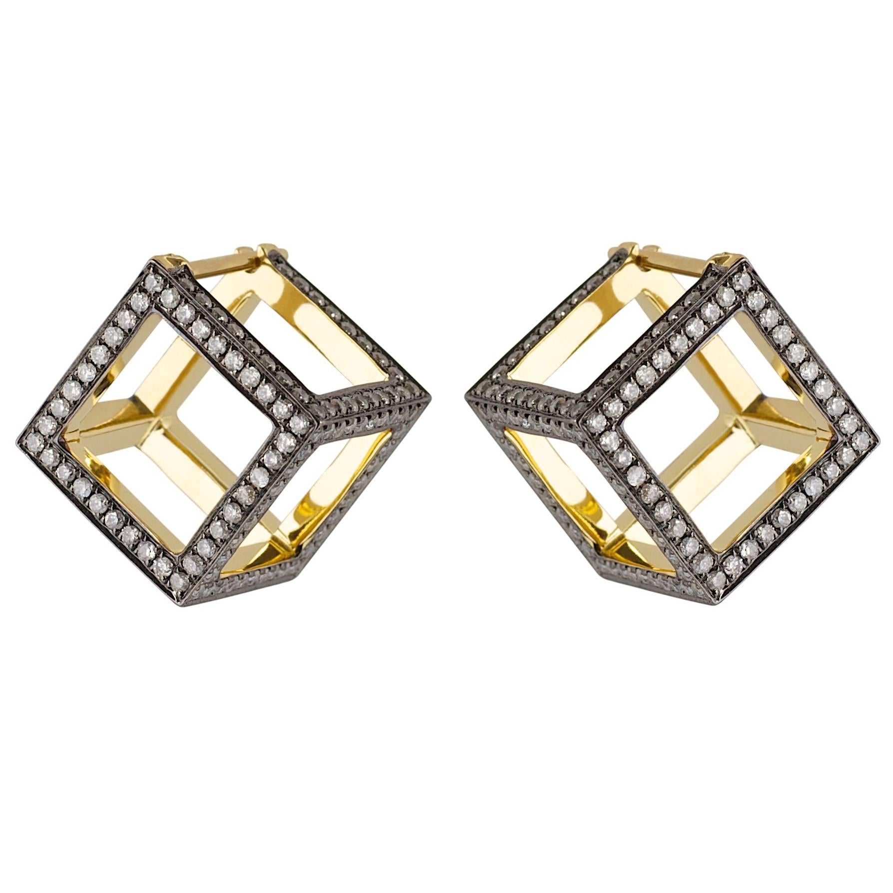 Yellow Gold White Diamond Cube Square Dormeuse “3D” Earrings