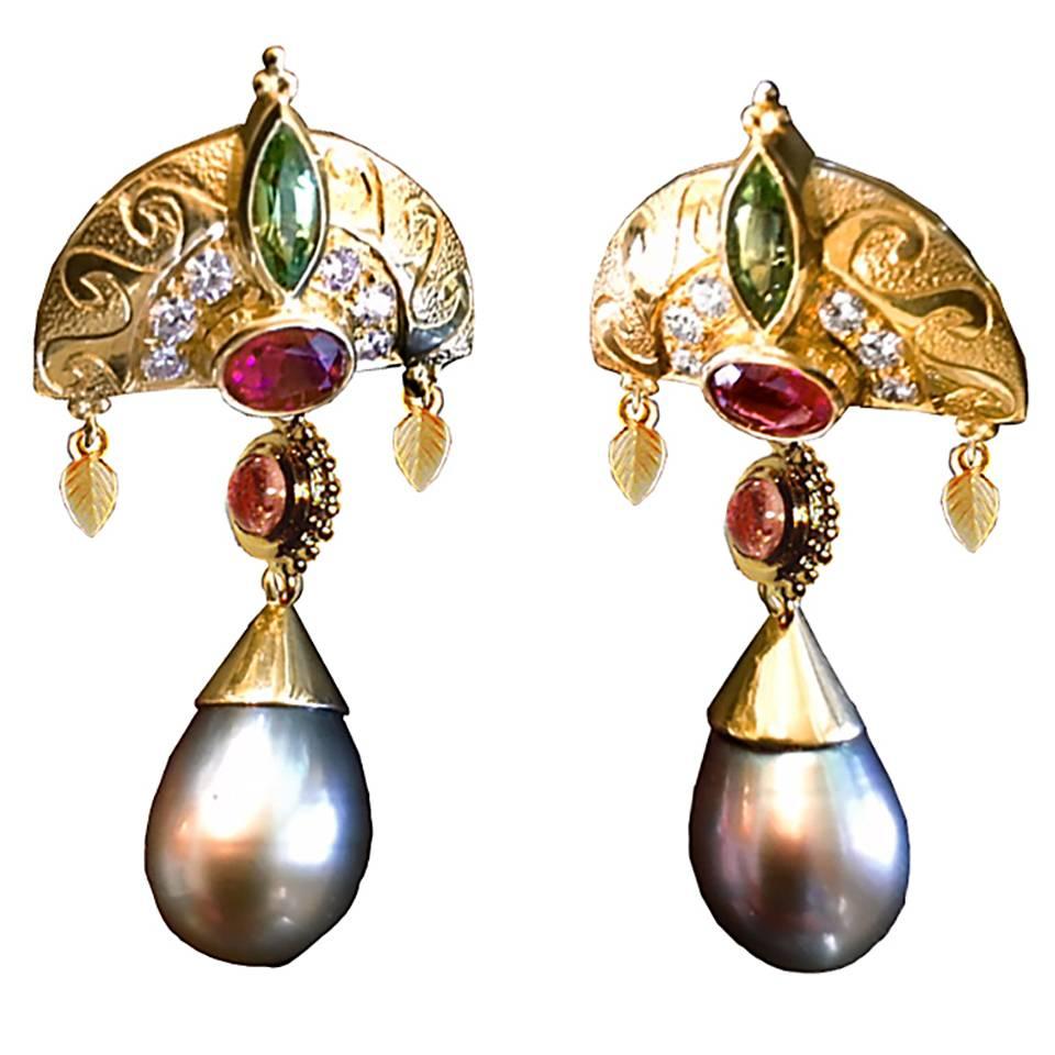 Crevoshay Pearl Tourmaline Diamond Gold Earrings For Sale