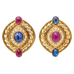Ruby Sapphire Diamond Swirl Button Gold Clip Post Earrings 5