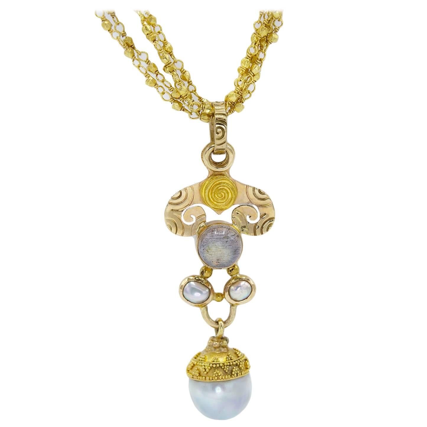 Elegant Spiral Fresh Water Pearl Moonstone Gold Pendant For Sale