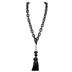 Antique Victorian Gutta Percha Mourning Necklace with Onyx Bead Tassel Enhancer