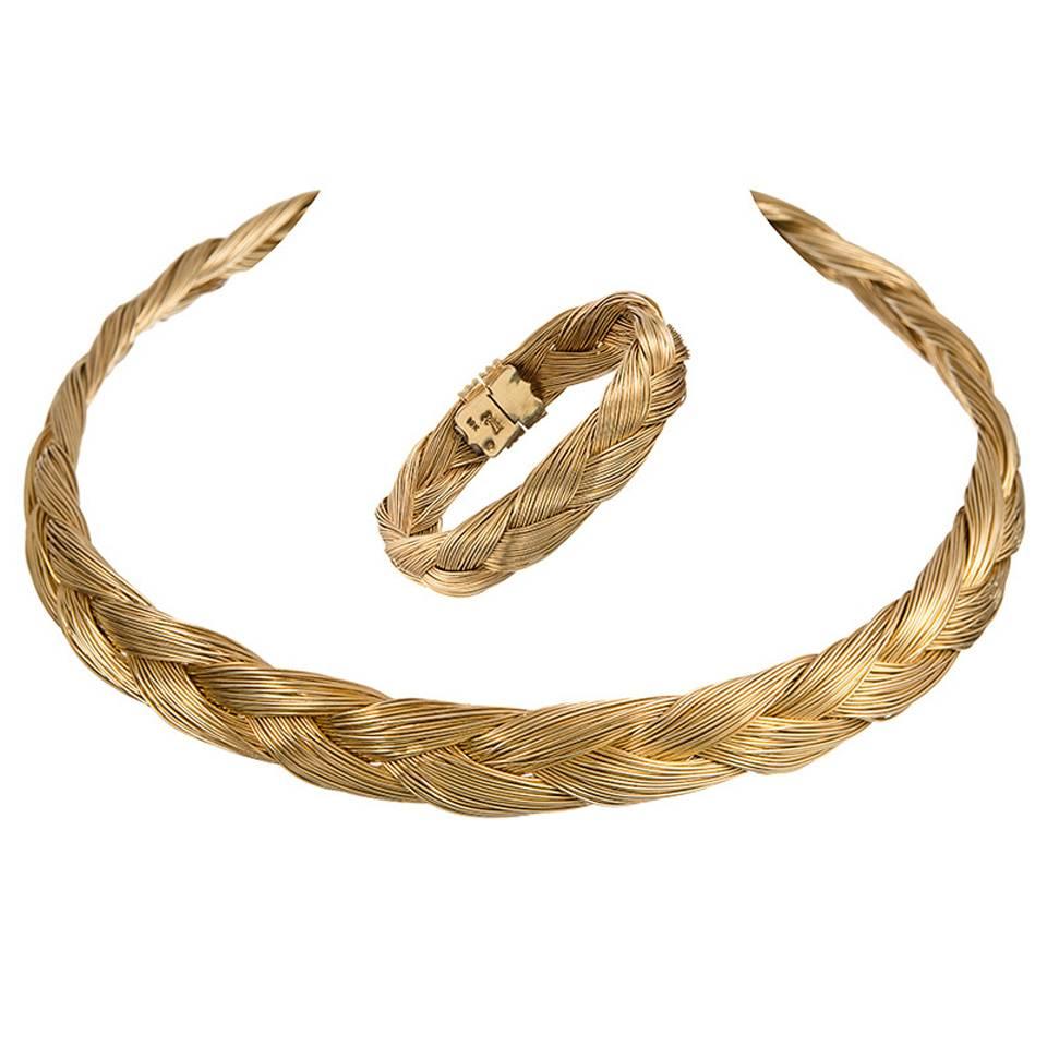 Henry Dunay Braided Golden Collar and Bracelet Suite