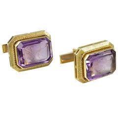 Vintage Large Amethyst Gold Cufflinks with Carved  Roman Heads