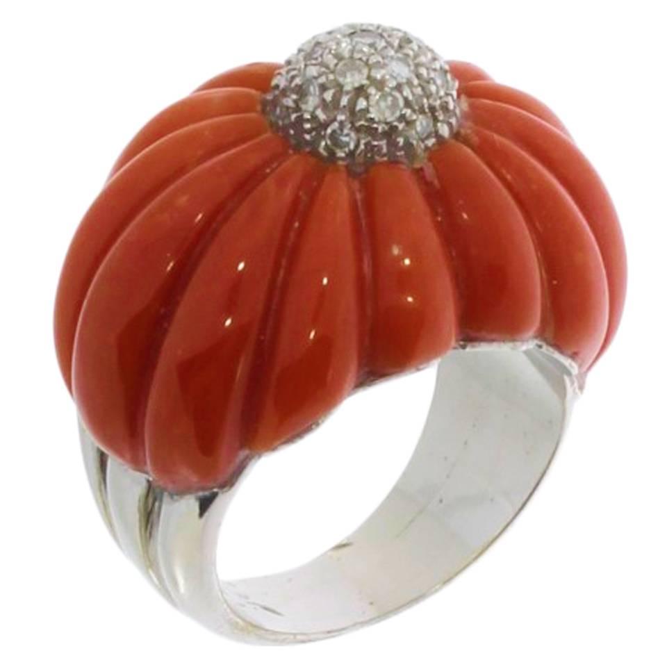 1970s Mediterranean Coral Diamond Gold Dome Ring For Sale