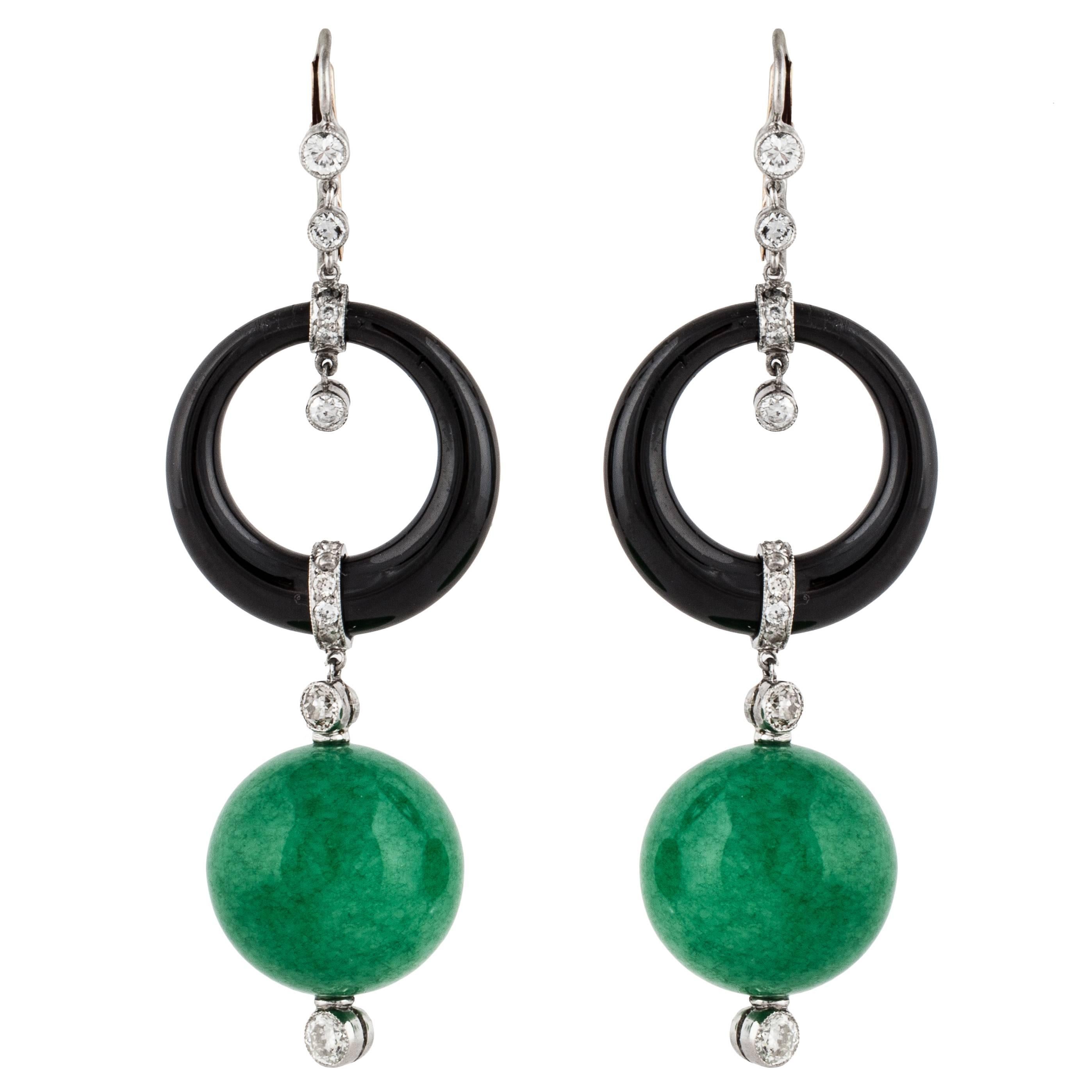 Jade Onyx and Diamond Drop Earrings in 18K Gold and Platinum For Sale