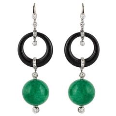 Jade Onyx Diamond Platinum Dangling Earrings 6