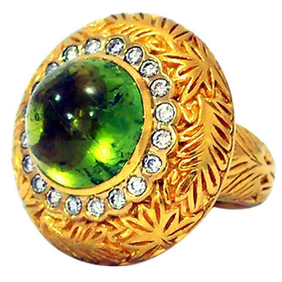 Green Tourmaline Diamond Gold Ring