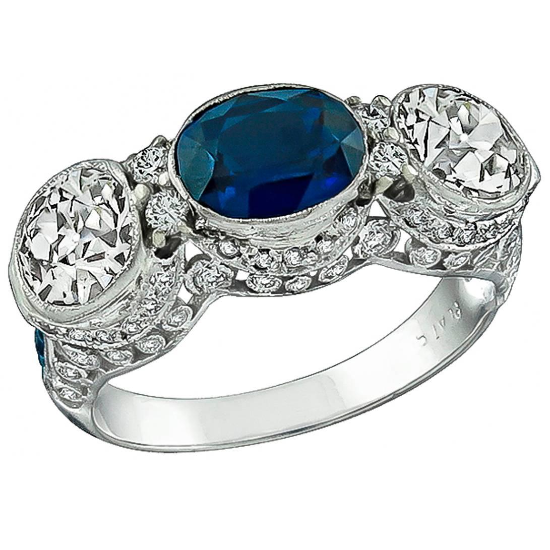 Sapphire Diamond Platinum Three Stone Ring For Sale