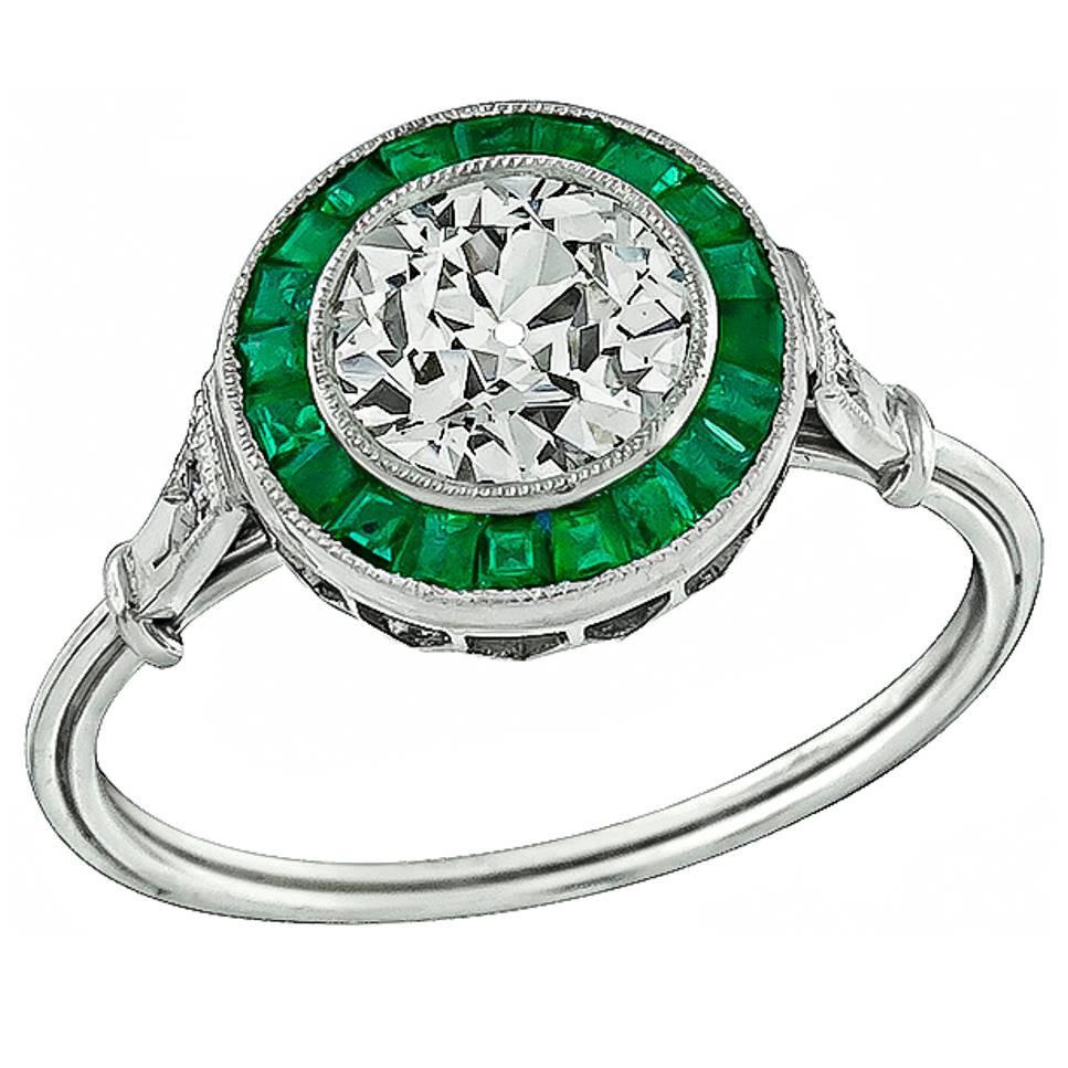 Remarkable 1.29 Carat Diamond Emerald Halo Platinum Engagement Ring