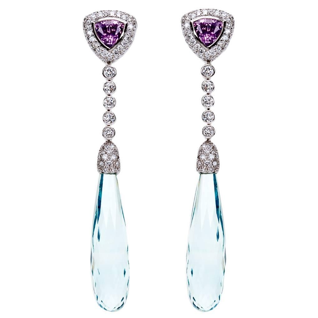 "Samuel Getz" Aquamarine Drop Pendant Earrings with Lavender Spinel and Diamonds For Sale