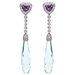 "Samuel Getz" Aquamarine Drop Pendant Earrings with Lavender Spinel and Diamonds