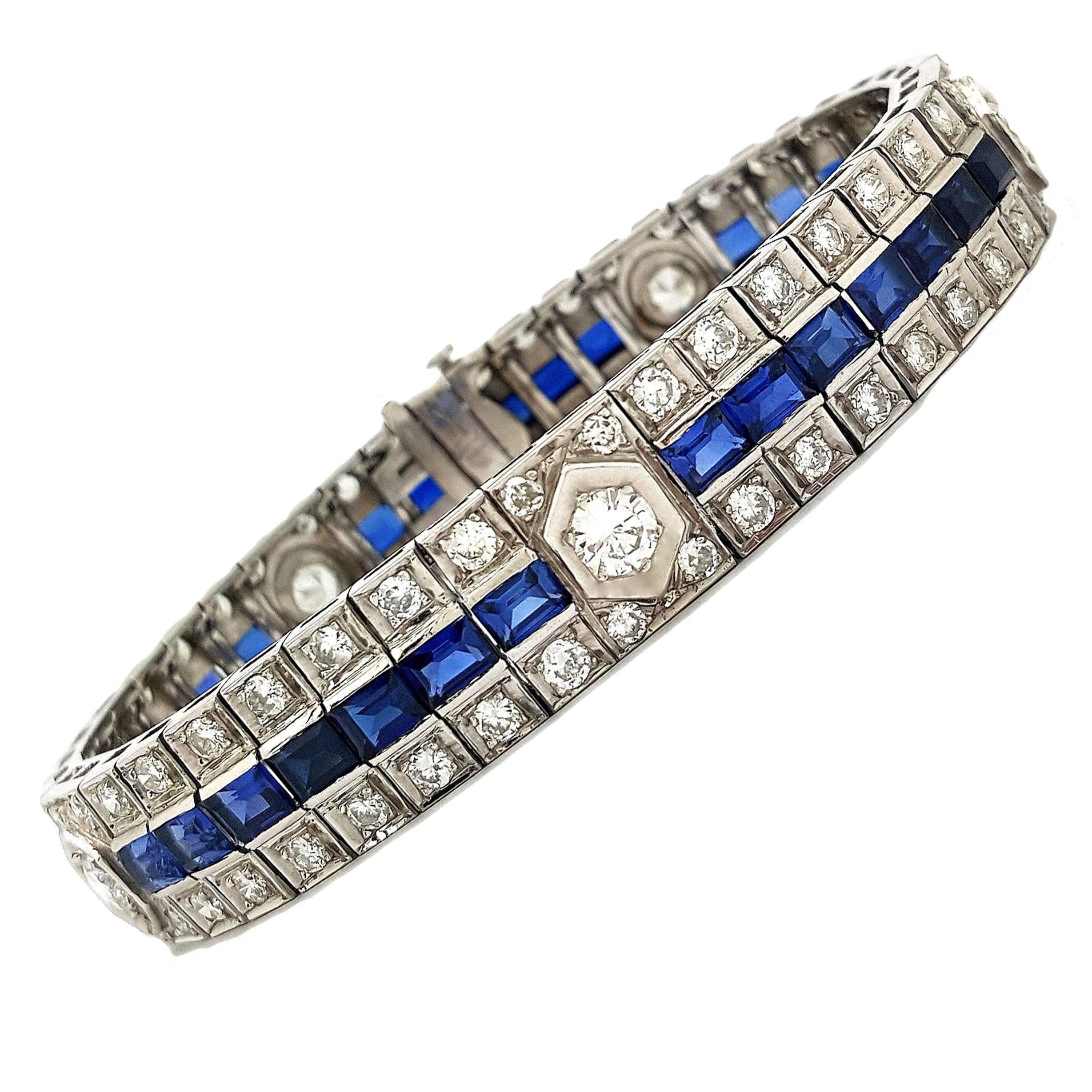 Breathtaking Original Hand Crafted Art Deco Sapphire Diamond Gold Bracelet For Sale