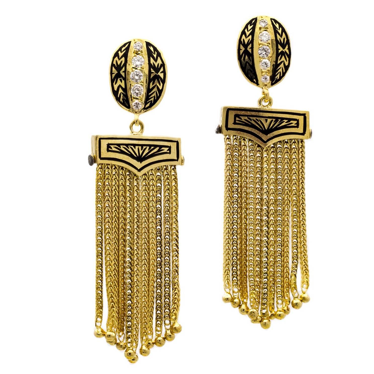 Square Gold Chain and Diamond Dangling Earrings For Sale