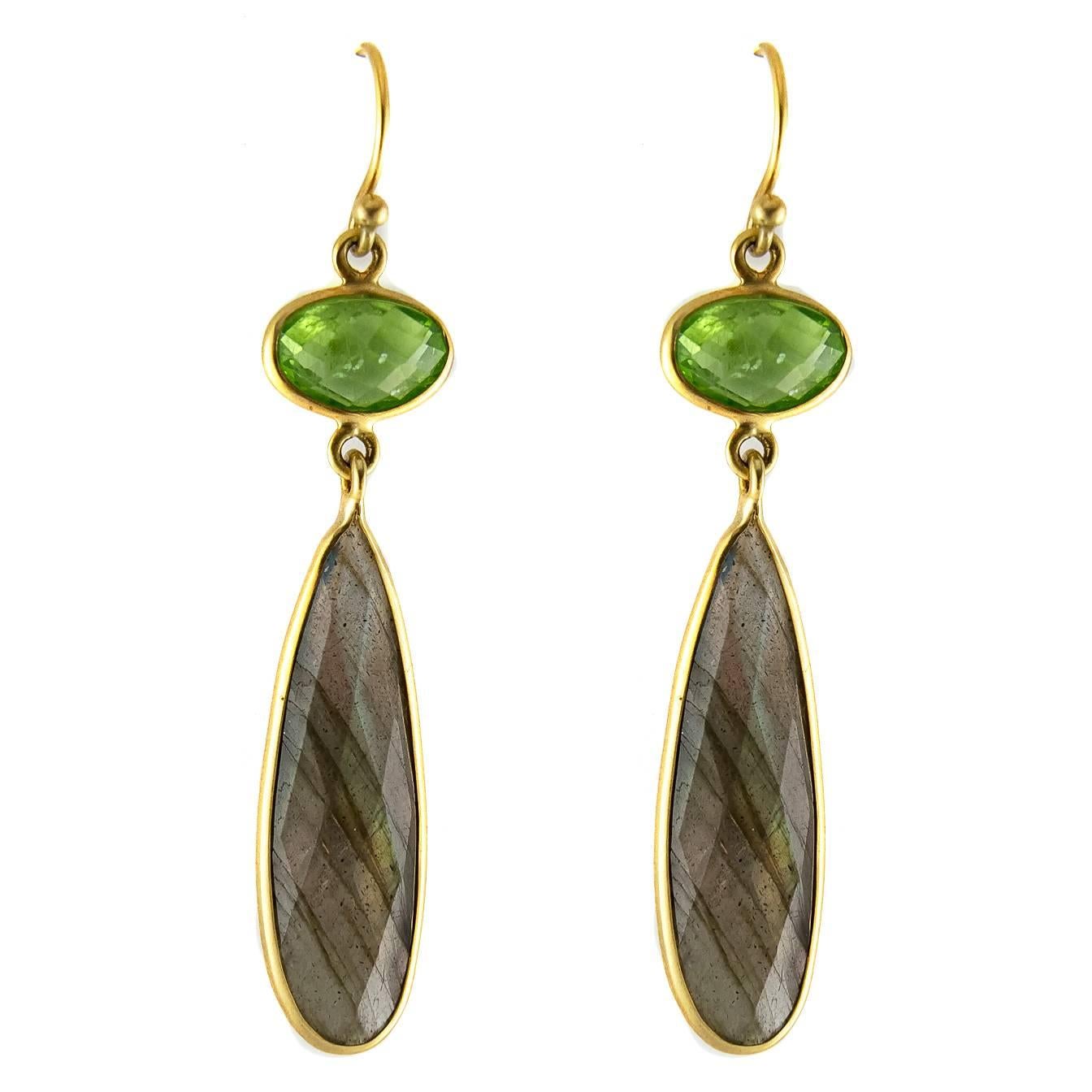 Rose Cut Green Peridot Labradorite Gold Drop Earrings