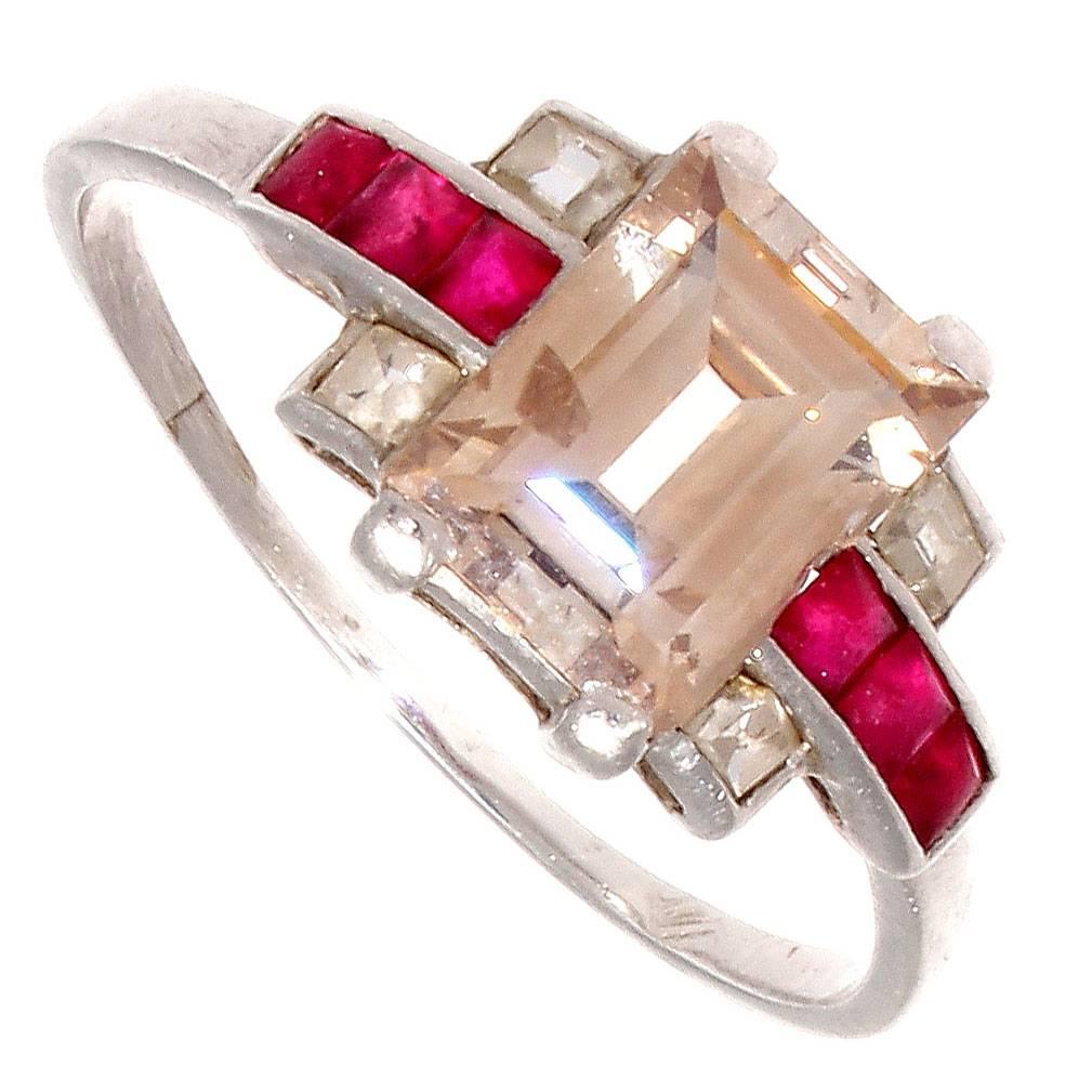 French Art Deco Diamond Ruby Platinum Engagement Ring