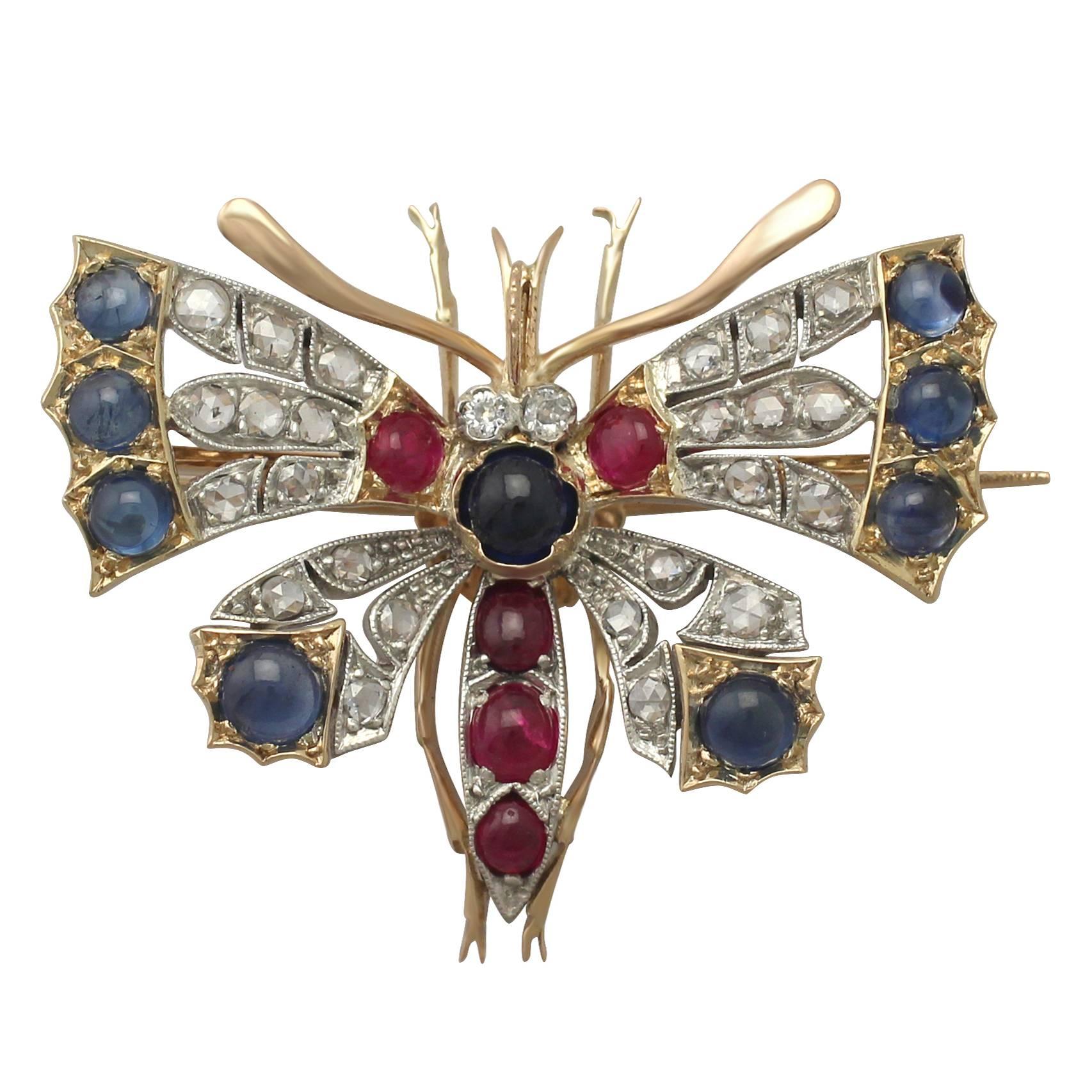 Diamond and Sapphire, Ruby and 18k Yellow Gold Butterfly Brooch