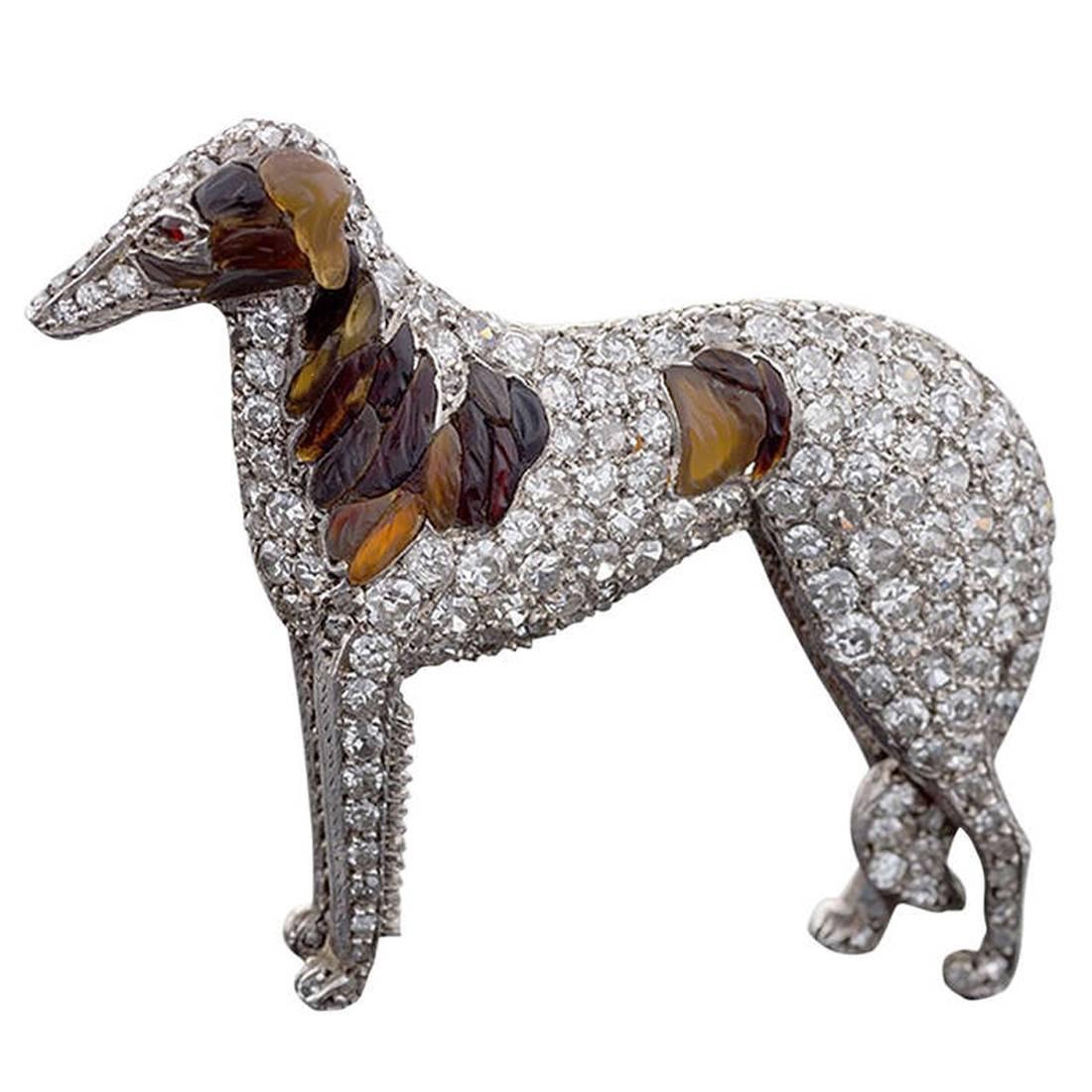 Antique Diamond and Carved Amber Silver Top Gold Borzoi Brooch