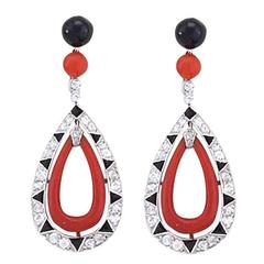 French Art Deco Diamond Coral Onyx and Platinum Earrings 1